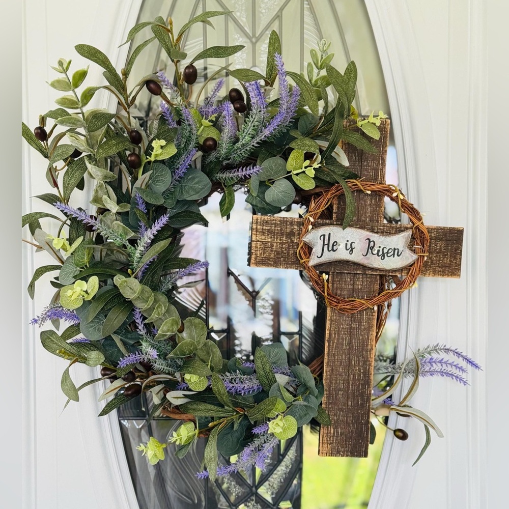 He Is Risen Easter Wreath • Christian Cross Spring Door Decor • 24” Grapevine - Picture 1 of 5